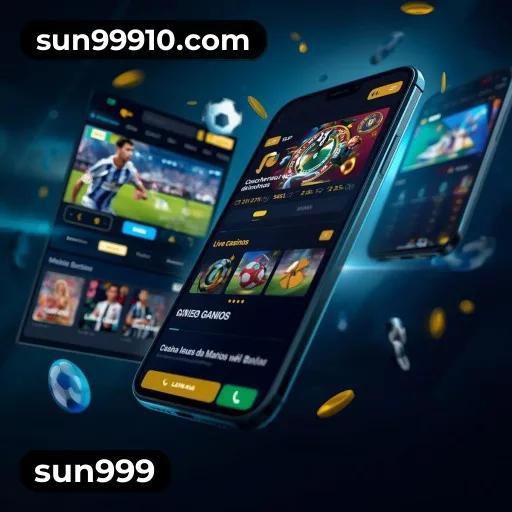 App sun999 para iOS e Android — interface mobile, login biométrico e PIX integrado
